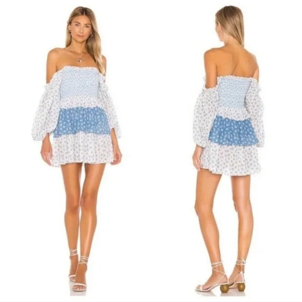 LoveShackFancy Off-Shoulder Tiered Mini Dress in Blue and White
